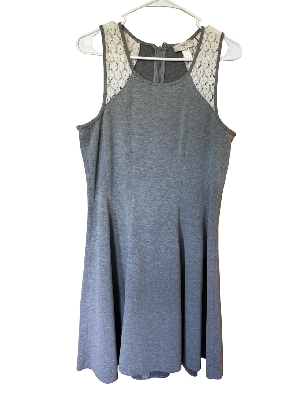 LOFT Gray Sleeveless Fit-and-Flare Dress with Cream Lace Yoke